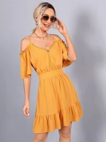 SHEIN Cold Shoulder Lace Trim Tied Backless Dress - Yellow - View 4