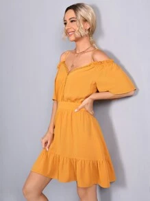 SHEIN Cold Shoulder Lace Trim Tied Backless Dress - Yellow - View 5