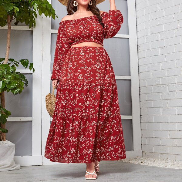 

Plus Off Shoulder Floral Print Crop Top & Skirt, Red