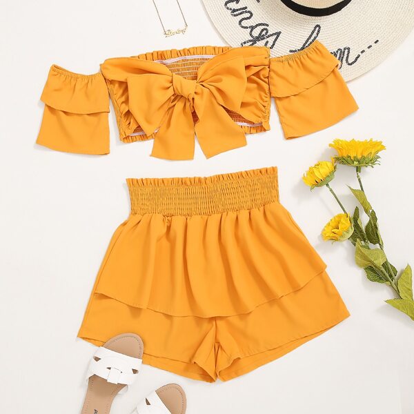 

Bow Front Shirred Back Bardot Top & Shorts, Mustard yellow