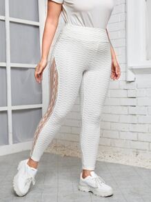 Mulvari 大碼蕾絲拼接蜂窩紋理緊身打底褲 - 白色 - 查看 5