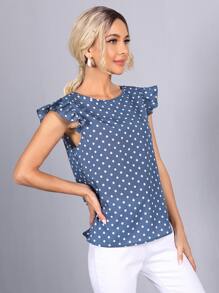 SHEIN Clasi 荷葉邊袖口波卡圓點上衣 - 霧霾藍 - 查看 4