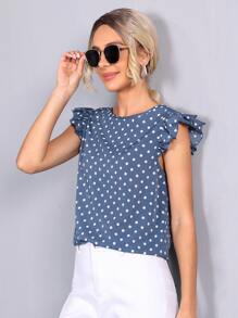 SHEIN Clasi 荷葉邊袖口波卡圓點上衣 - 霧霾藍 - 查看 5