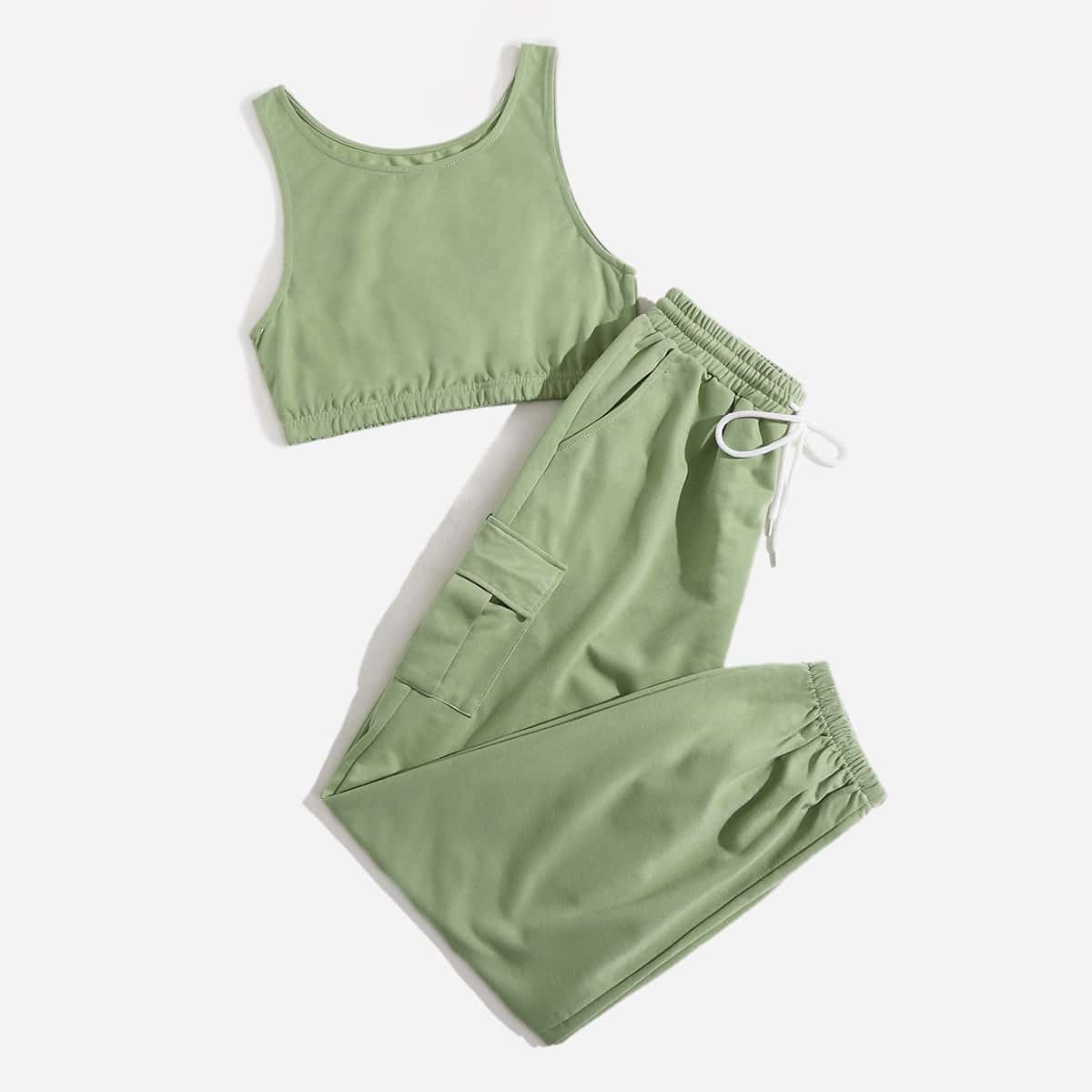 

Solid Tank Top & Drawstring Cargo Pants, Lime green