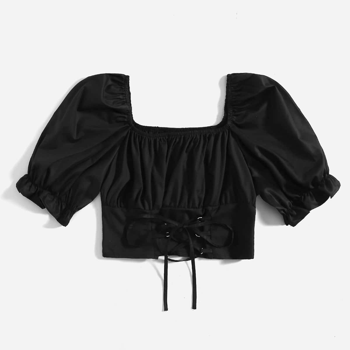 

Solid Lace Up Ruched Bust Puff Sleeve Blouse, Black
