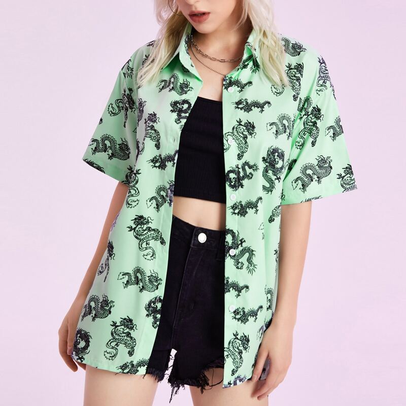 

Chinese Dragon Graphic Button Front Blouse, Mint green