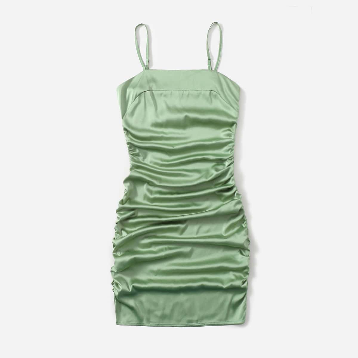 

Solid Ruched Satin Cami Dress, Mint green