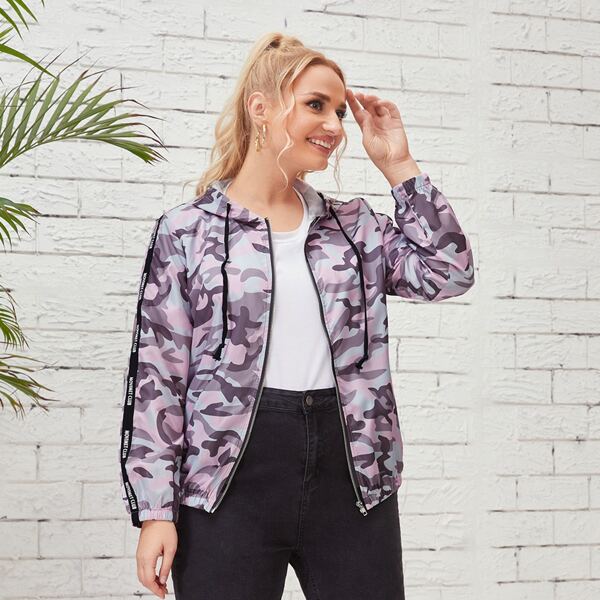 

Plus Camo Print Drawstring Zip Up Jacket, Multicolor