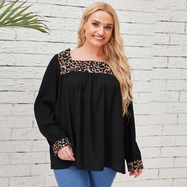 

Plus Leopard Panel Square Neck Blouse, Black