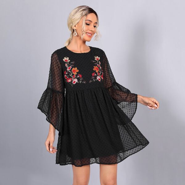 

Floral Embroidered Bell Sleeve Swiss Dot Dress, Black