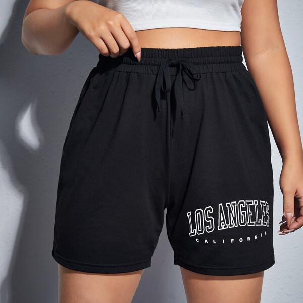 

Plus Letter Graphic Drawstring Shorts, Black