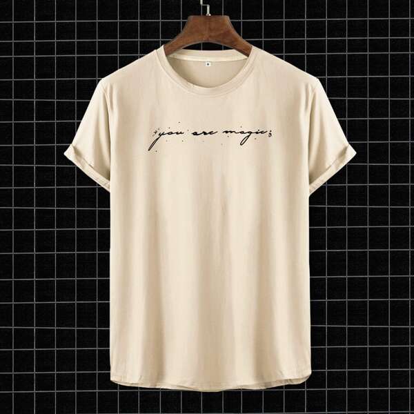 

Men Slogan Graphic Round Neck Tee, Khaki