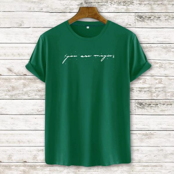 

Men Slogan Graphic Round Neck Tee, Dark green