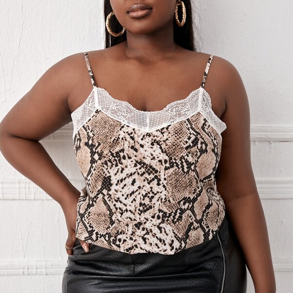 

Plus Snakeskin Print Contrast Lace Cami Top, Multicolor