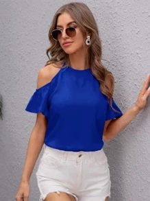 SHEIN LUNE Áo sơ mi Nút Xù màu trơn Giải trí - Xanh đậm - Xem 1