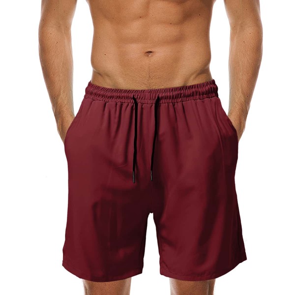 

Men Drawstring Waist Slant Pocket Shorts, Burgundy