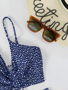 SHEIN Swim Summer Beach Ditsy Floral Tankini Set Drawstring Cami Top & High Waisted Bottom 2 Piece Bathing Suit - Navy Blue - View 3