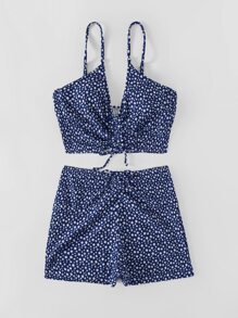 SHEIN Swim Summer Beach Ditsy Floral Tankini Set Drawstring Cami Top & High Waisted Bottom 2 Piece Bathing Suit - Navy Blue - View 5