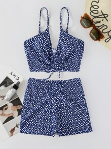 SHEIN Swim Summer Beach Ditsy Floral Tankini Set Drawstring Cami Top & High Waisted Bottom 2 Piece Bathing Suit - Navy Blue - View 6