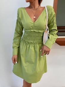 GENKIRA Đầm Xù Dải chun màu trơn Giải trí - Màu xanh chanh - Xem 3