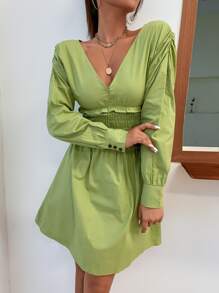 GENKIRA Đầm Xù Dải chun màu trơn Giải trí - Màu xanh chanh - Xem 6