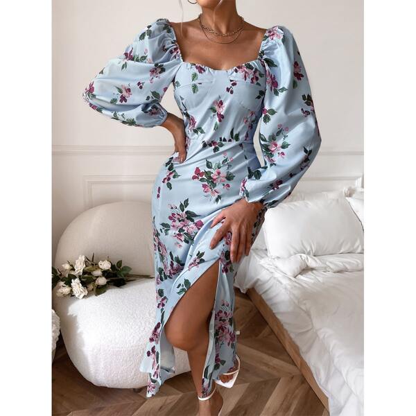 

Floral Print Split Thigh Dress, Baby blue