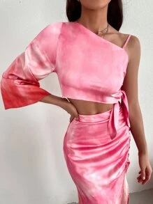 不規則肩側打結紮染上衣 - 粉色 - 查看 1