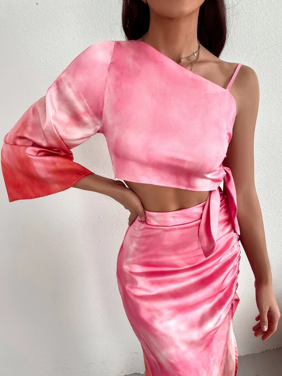 不規則肩側打結紮染上衣 - 粉色 - 查看 1