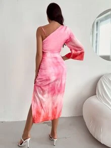 不規則肩側打結紮染上衣 - 粉色 - 查看 2