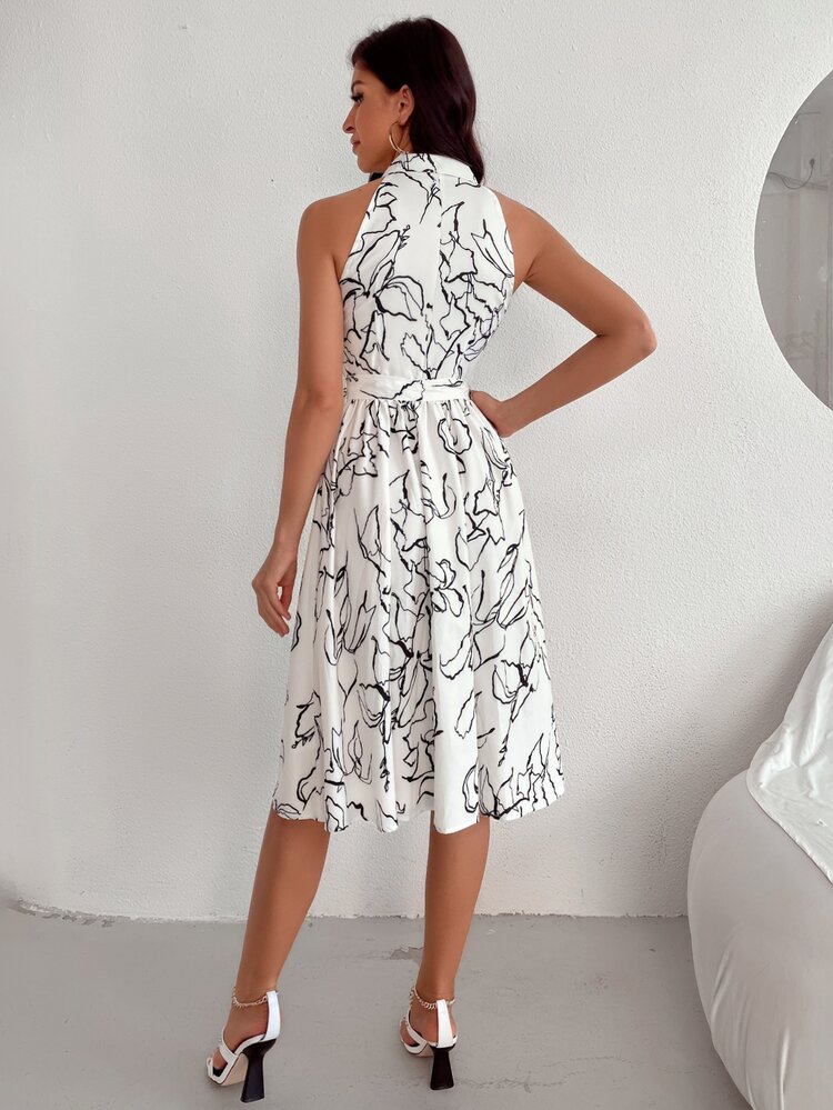 Aveloria Allover Print Belted Shirt Dress - Black and White - View 2