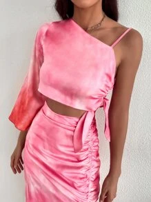 不規則肩側打結紮染上衣 - 粉色 - 查看 4