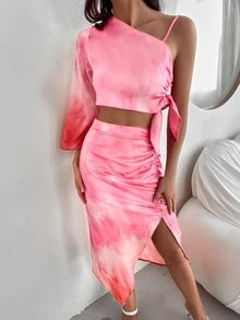 不規則肩側打結紮染上衣 - 粉色 - 查看 5