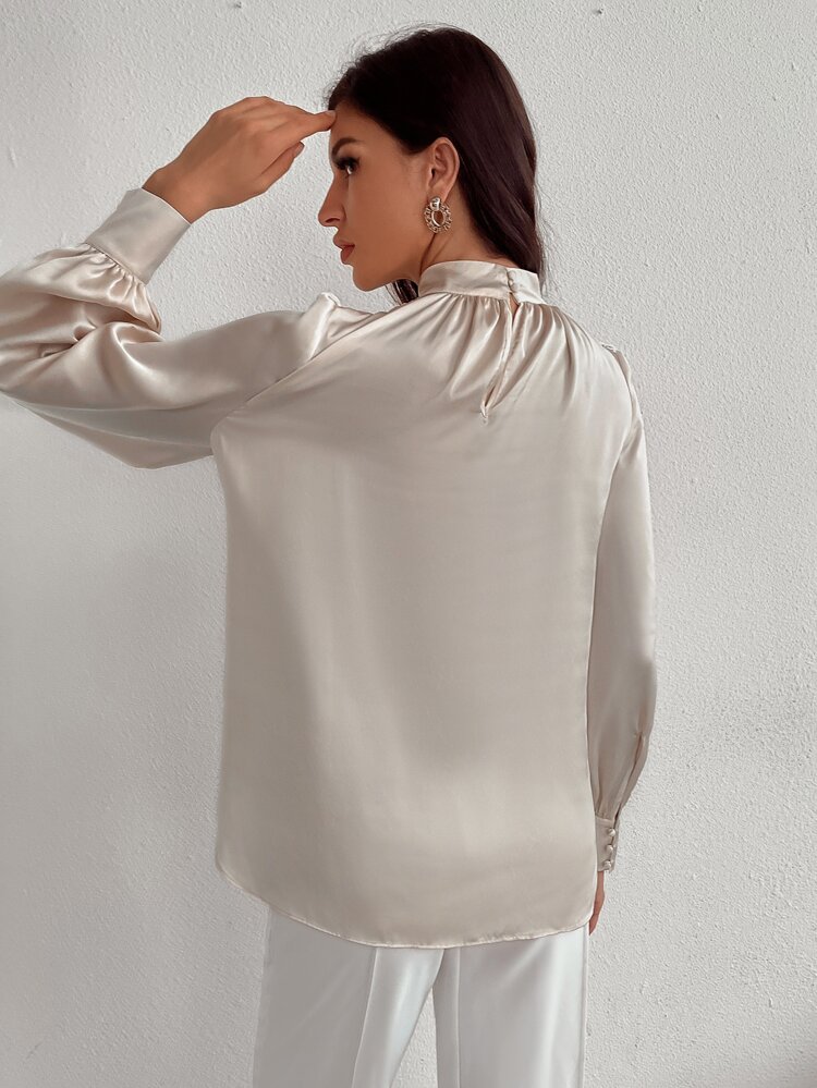 Satin Mock Neck Puff Sleeve Blouse Workwear Elegant Business Casual Women  Fall Cloth For Women