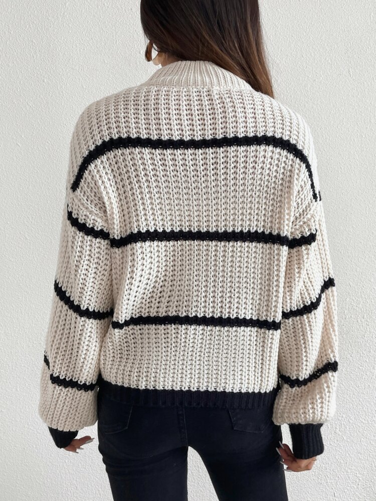 Striped Mock Neck Drop Shoulder Sweater,Ladies Spring/Fall Casual Long Sleeve Oversized Beige Drop Shoulder Pullovers Women Sweaters,Long Sleeve Tops Knit Pullover Fall Winter