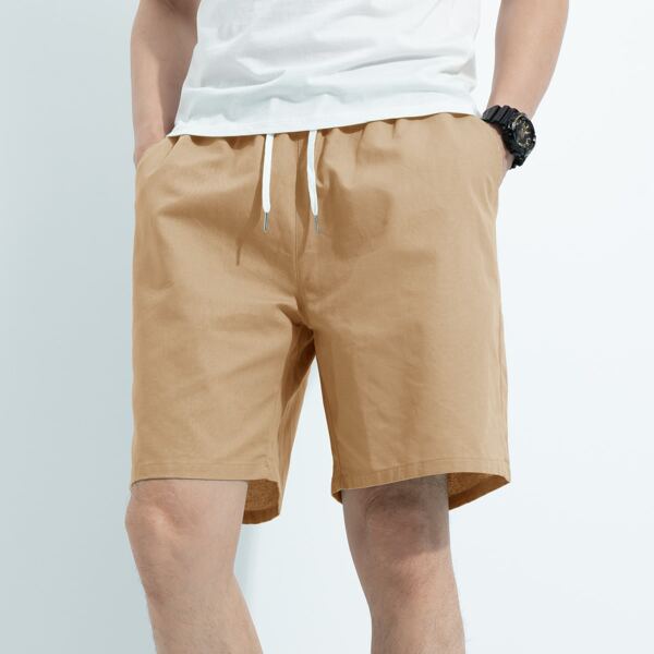 

Men Solid Drawstring Waist Shorts, Khaki