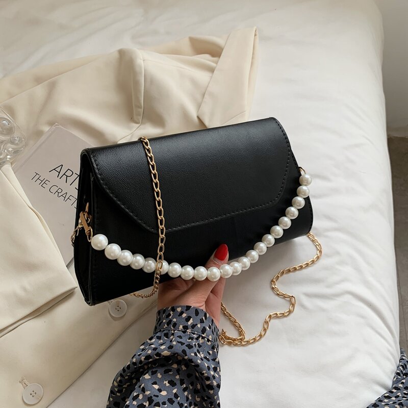 

Faux Pearl Satchel Bag, Black