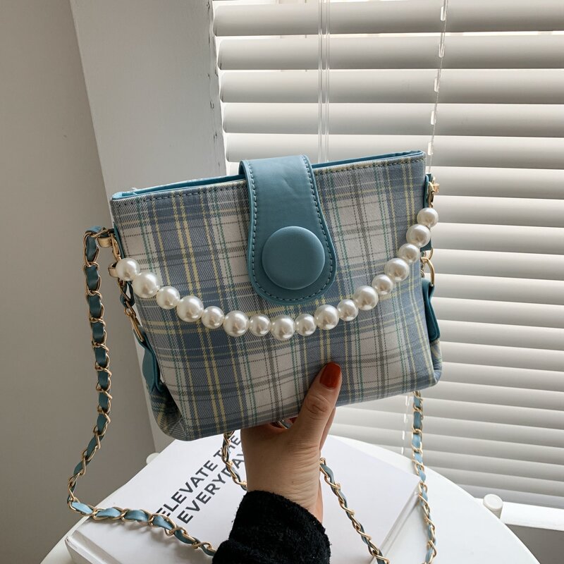 

Plaid Pattern Faux Pearl Handle Satchel Bag, Blue