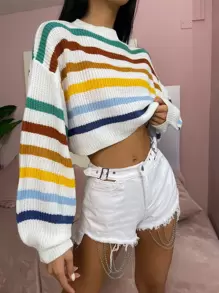 EMERY ROSE Stripe Pattern Lantern Sleeve Jumper - Multicolor - View 3