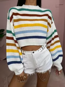 EMERY ROSE Stripe Pattern Lantern Sleeve Jumper - Multicolor - View 4