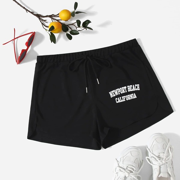 

Plus Letter Graphic Drawstring Waist Track Shorts, Black