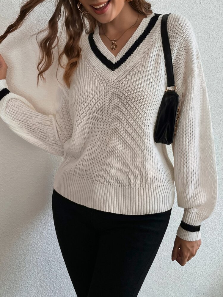 SHEIN Essnce Ribbed Knit Drop Shoulder Cricket Sweater - White - View 4