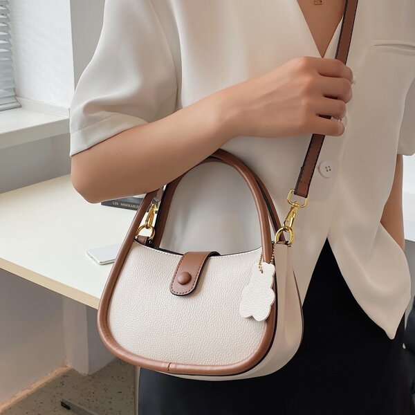 

Colorblock Pattern Bear Charm Satchel Bag, Beige