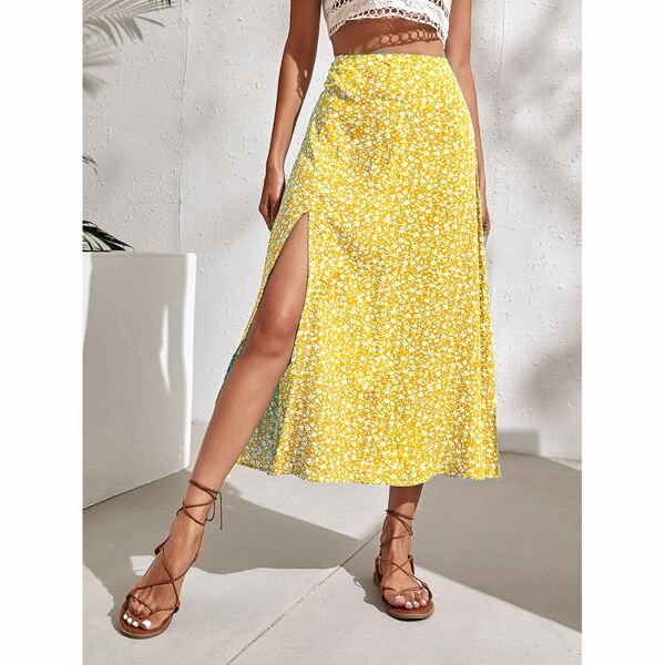 

Ditsy Floral Split Thigh Skirt, Yellow