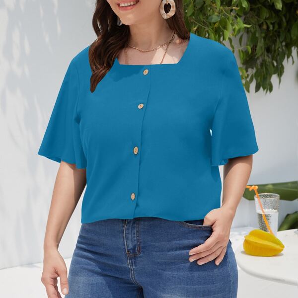 

Plus Button Front Square Neck Blouse, Blue