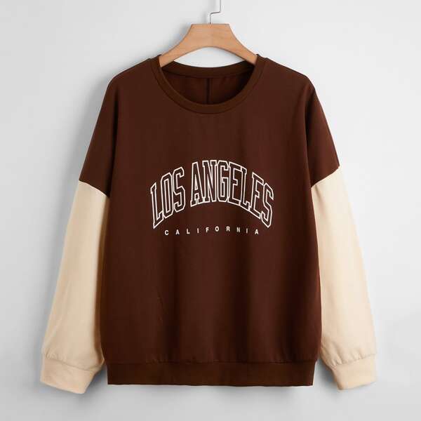 

Plus Letter Graphic Color-block Sweatshirt, Chocolate brown
