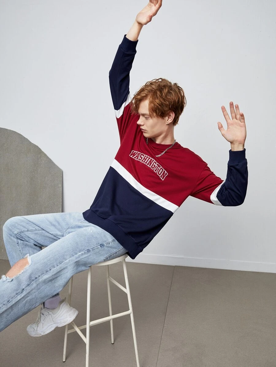 Manfinity Men Letter Embroidery Colourblock Sweatshirt - Multicolor - View 1