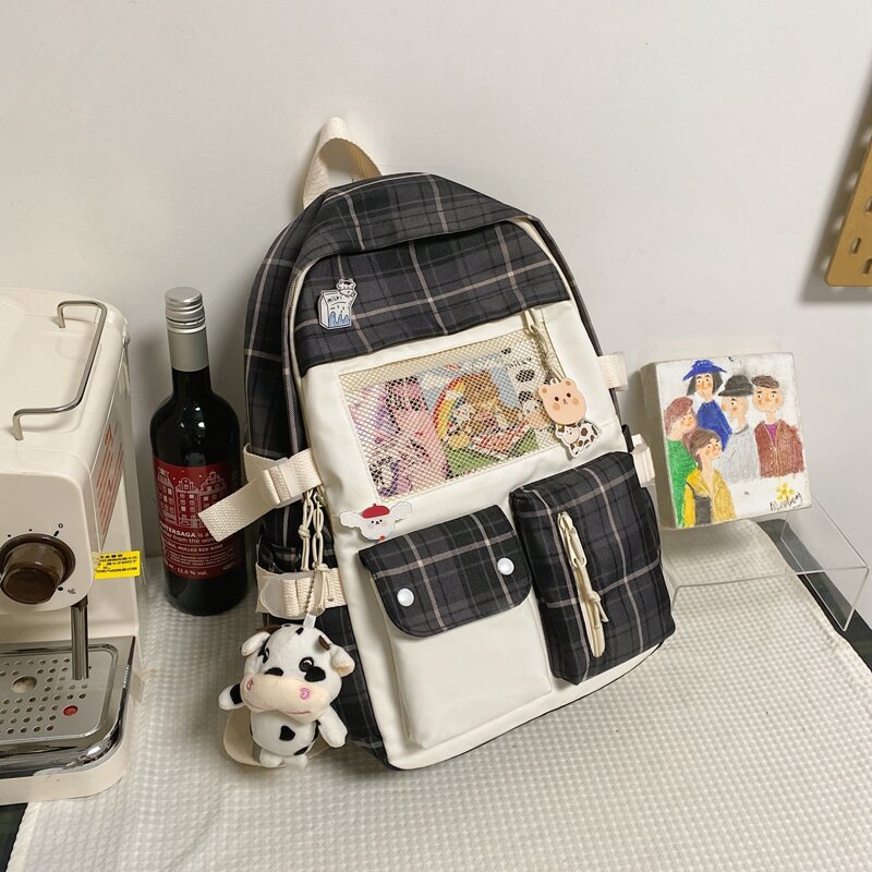 

Cartoon Charm Plaid Pattern Backpack, Black