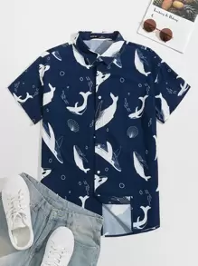 Manfinity 男士鯨魚和貝殼印花襯衫 - 藍色 - 查看 1