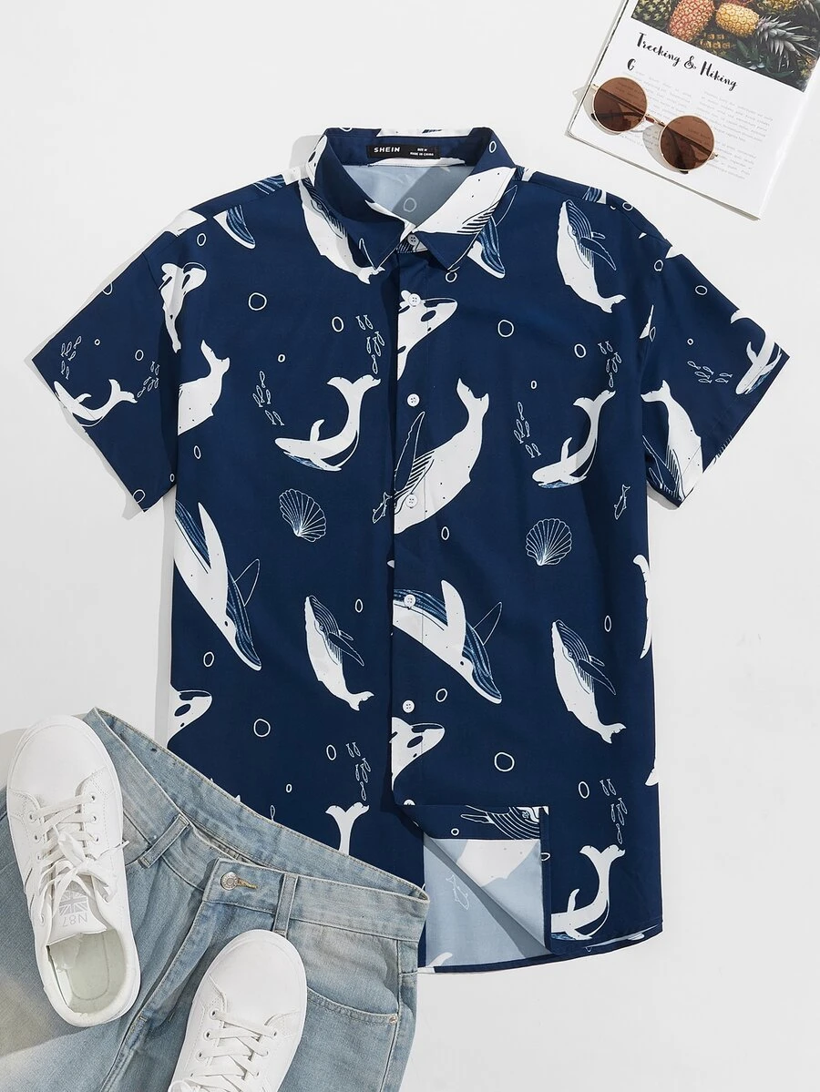 Manfinity 男士鯨魚和貝殼印花襯衫 - 藍色 - 查看 1