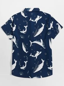 Manfinity 男士鯨魚和貝殼印花襯衫 - 藍色 - 查看 2